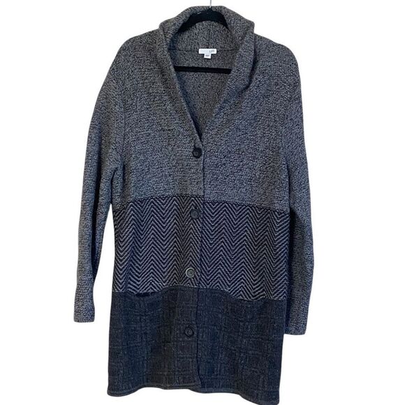 J Jill Gray Black Wool Blend Knit Button-Up Long Cardigan Sz L - Picture 1 of 11